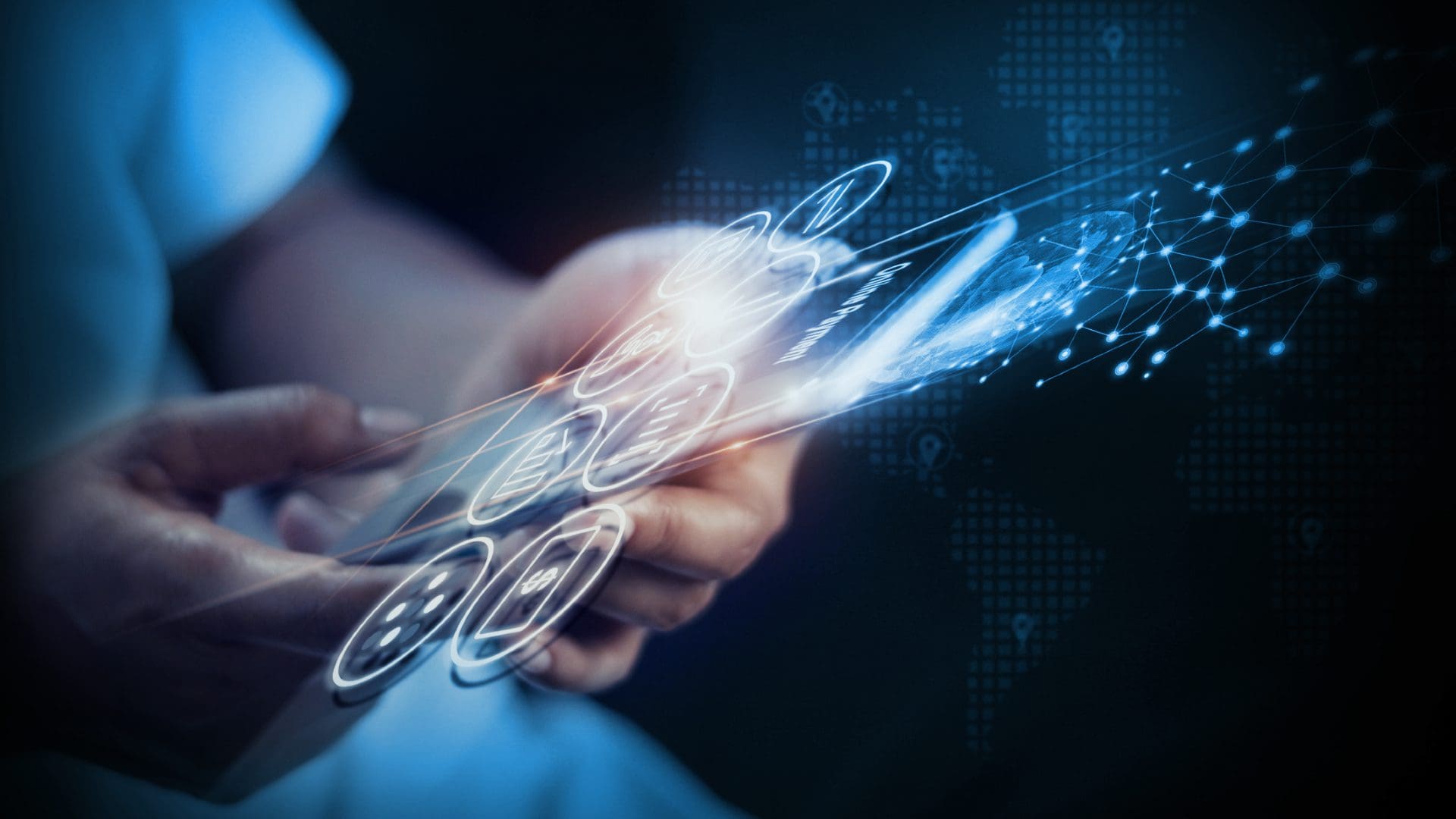 Person's hand holding a smartphone, Graphic illustrations hover above it, representing connectivity and apps.