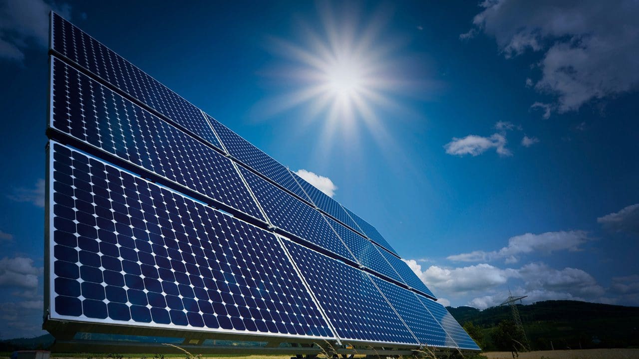 Solar panels in a field.