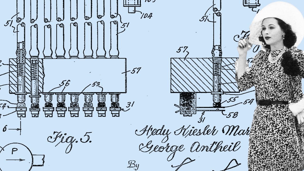 Hedy Lamarr juxtaposed against her patent.