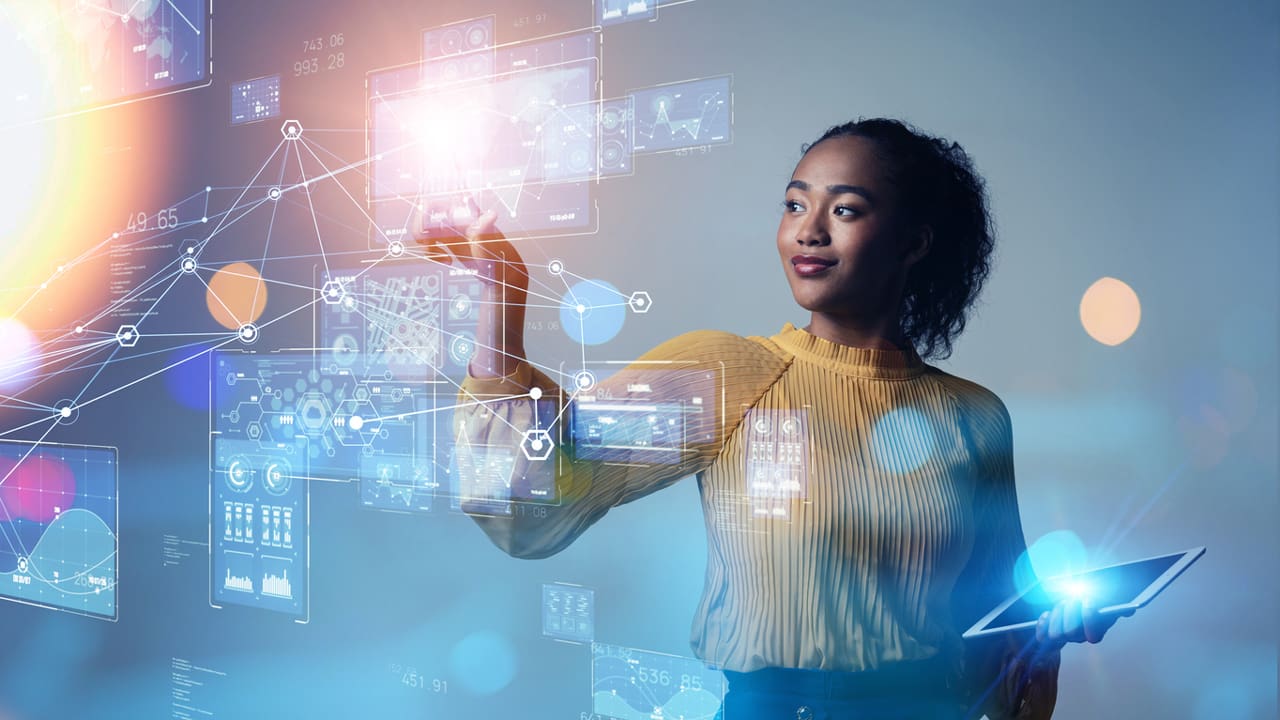 Image of a female touching a digitally overlayed image of options.