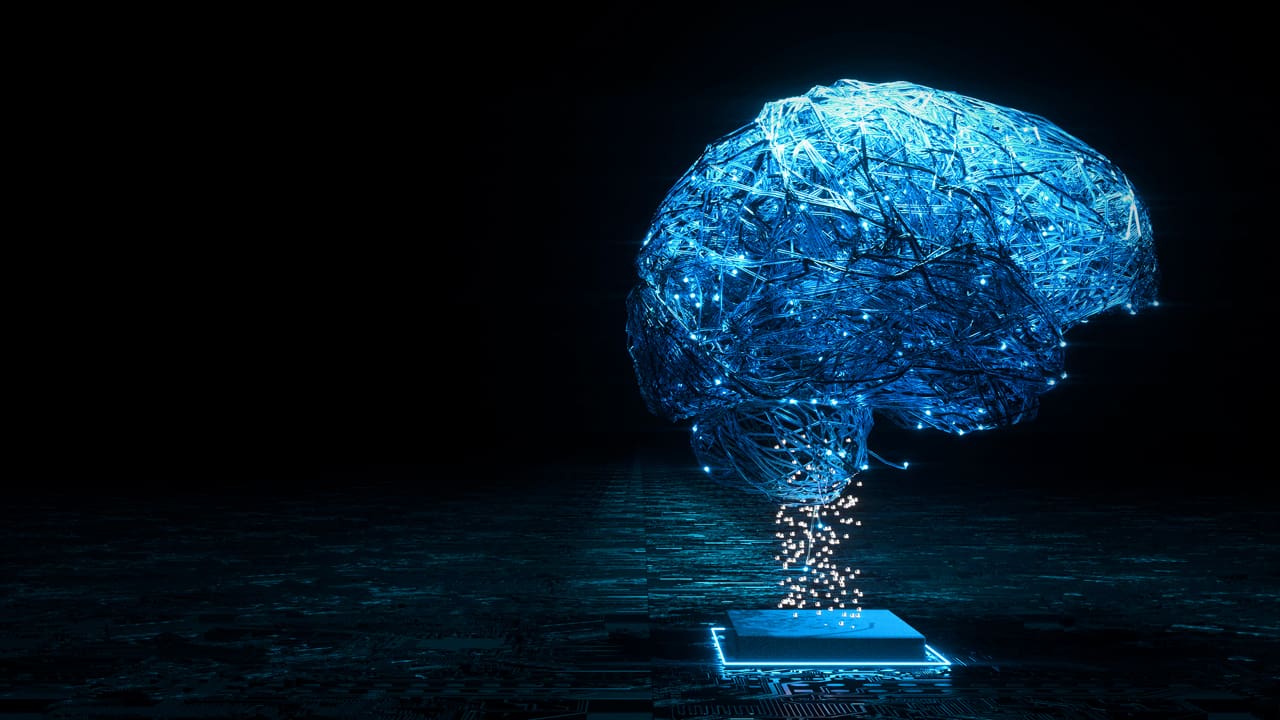 AI brain coming out of a tablet