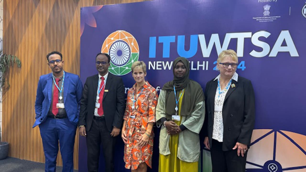 Various panel members of World Telecommunication Standardization Assembly (WTSA-24) posing for a picture, including Karen McCabe and Karen Mulberry.