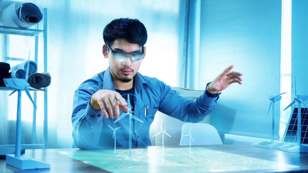 A graphic depicting an engineer deploying models of wind turbines above a blue table background.